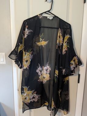 Mudd Black Sheer Floral Kimono with Yellow Accents